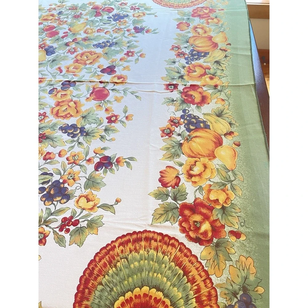 Vintage Thanksgiving Tablecloth Turkey Pumpkins Fruit Harvest Printed 81x59
